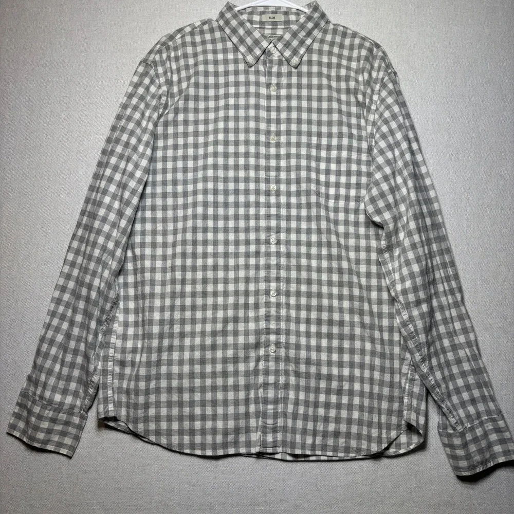 J Crew Mens Slim Fit Button Down Shirt XL Stretch Plaid Gray Cotton‎